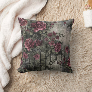 Victorian Gothic Garden Roses Pattern Throw Pillow