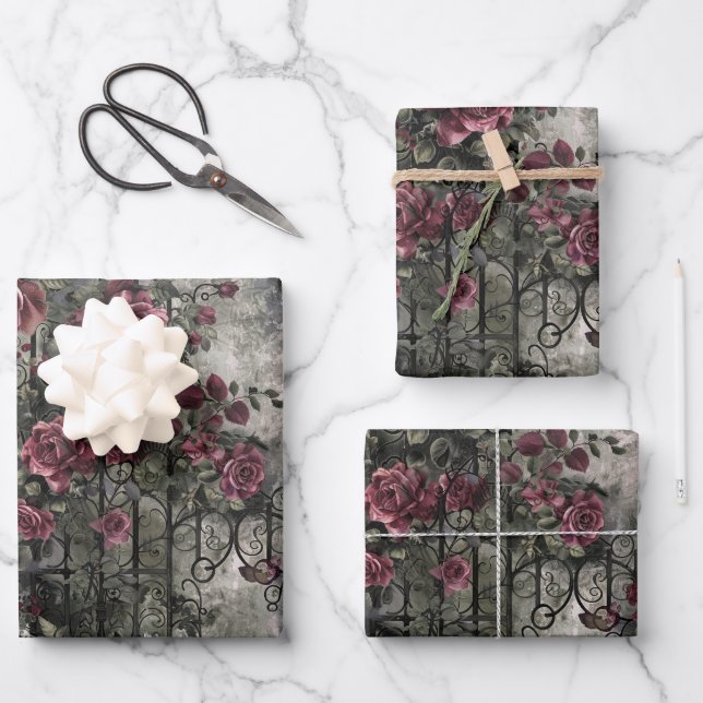 Victorian Gothic Garden Roses Pattern Wrapping Paper Sheet (Front)