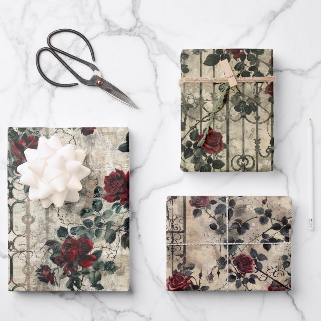 Victorian Gothic Garden Roses Pattern Wrapping Paper Sheet (Front)