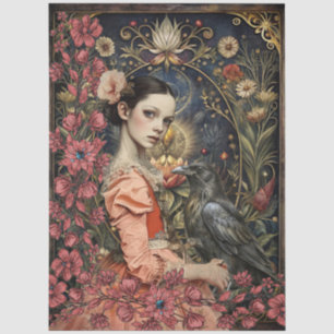 Victorian Gothic Girl & Black Raven Floral Collage Tissue Paper