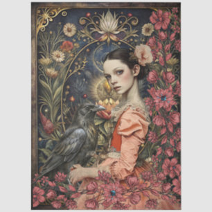 Victorian Gothic Girl & Black Raven Floral Collage Tissue Paper