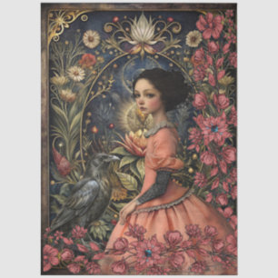 Victorian Gothic Girl & Black Raven Floral Collage Tissue Paper