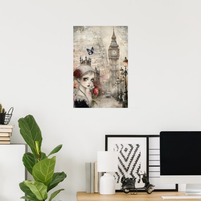 Victorian Gothic Girl & Florals London Street Poster (Home Office)