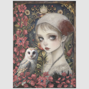 Victorian Gothic Girl White Owl Floral Collage Tissue Paper