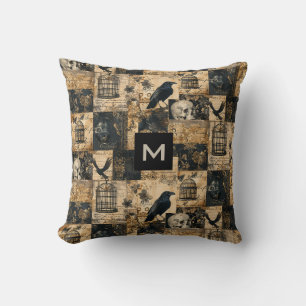 Victorian Gothic Halloween Monogrammed Patchwork  Throw Pillow