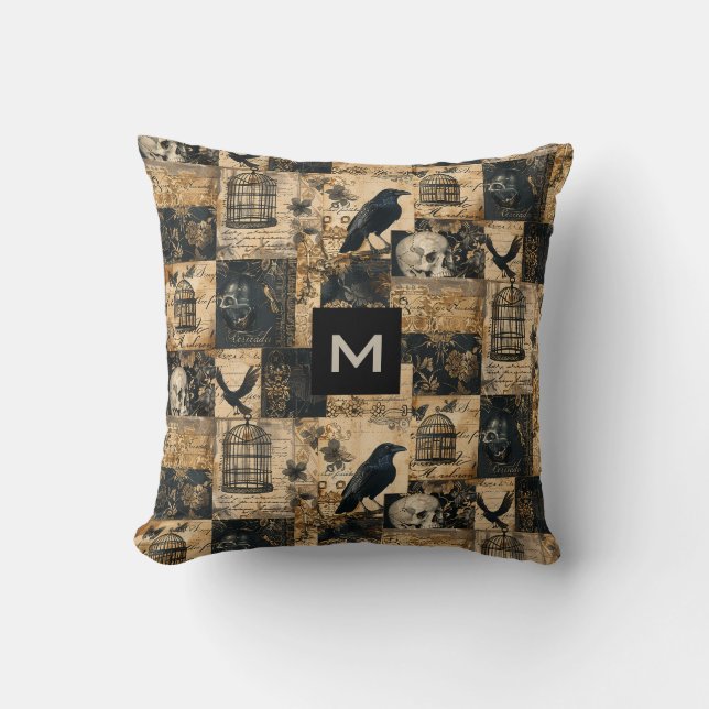 Victorian Gothic Halloween Monogrammed Patchwork  Throw Pillow (Front)