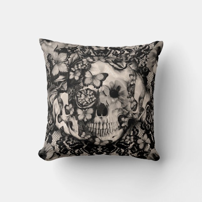 Victorian Gothic lace skull Throw Pillow (Front)
