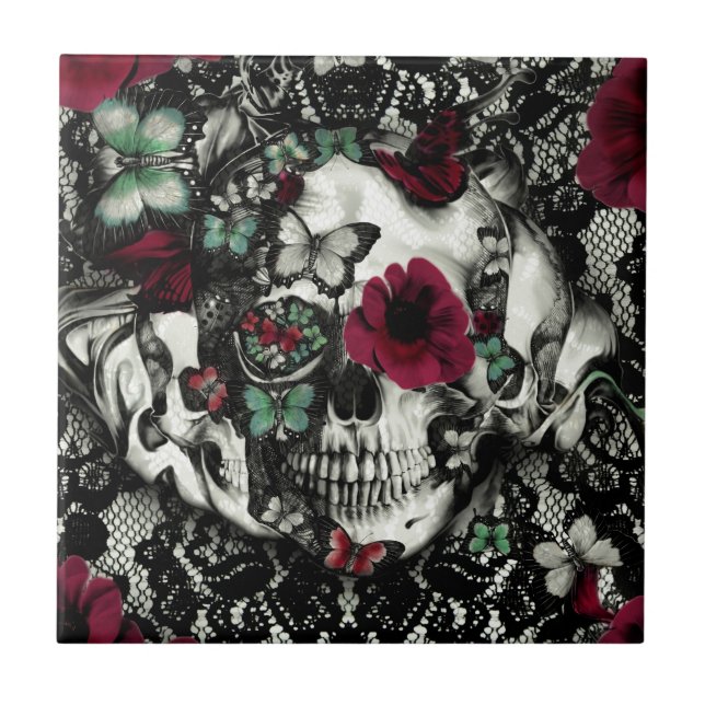 Victorian gothic lace skull with red accents tile (Front)