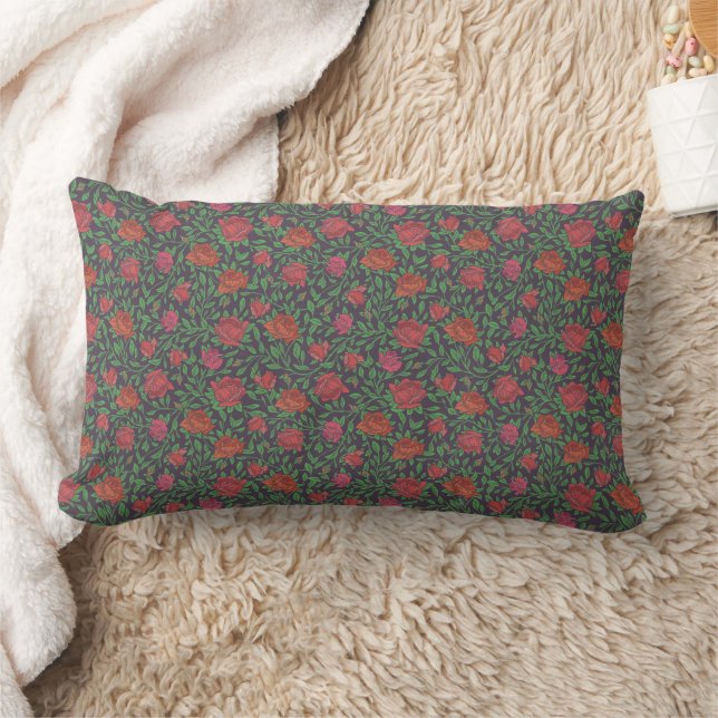 Victorian Gothic Perfect Red & Fuchsia Roses Lumbar Pillow (Blanket)