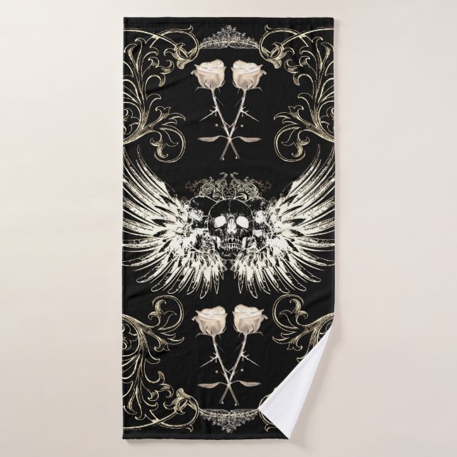 Victorian Gothic Romance Skull Wings & White Roses Bath Towel Set (Bath Towel)