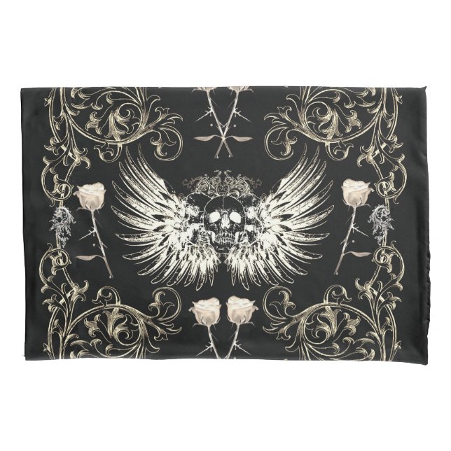 Victorian Gothic Romance Skull Wings & White Roses Pillowcase (Front)