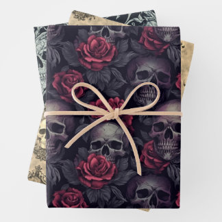 Victorian Gothic Skulls Damask Vintage Wrapping Paper Sheet