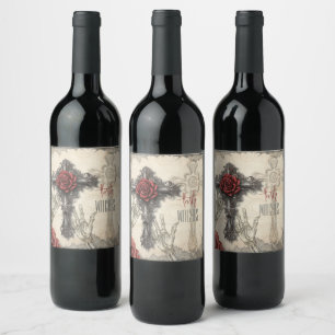 Victorian Gothic Styled Rose and Cross  Wine Label