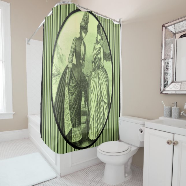 Victorian green stripe lady showercurtain (In Situ)