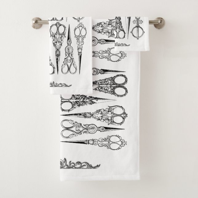 Victorian hairdresser scissors elegant bath towel set (Insitu)