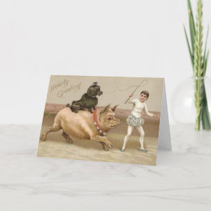 Victorian Hearty Greeting Pig And Dog Circus Card
