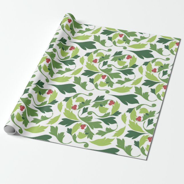 Victorian Holly Leaves Christmas Wrapping Paper (Unrolled)
