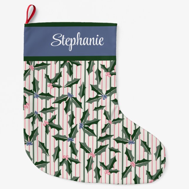 Victorian Holly with Name Large Christmas Stocking (Front)