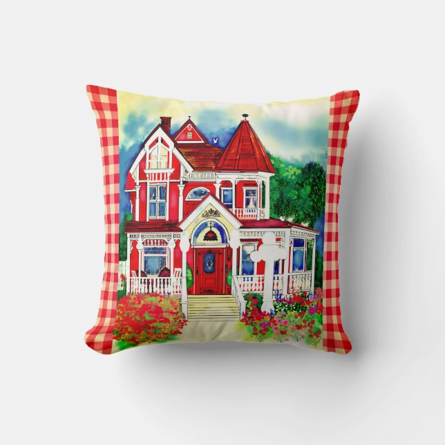 Victorian House Drawing on Throw Pillow (Front)