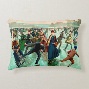 Victorian ice skating vintage winter scene accent pillow