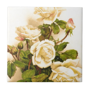 Victorian Ivory Rose Painting Tile
