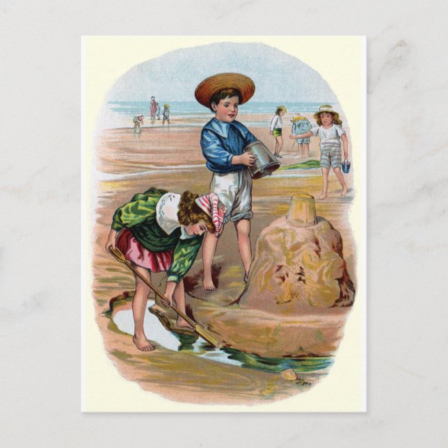 Victorian Kids Build a Sandcastle Postcard (Front)
