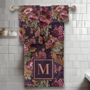 Victorian Lace Purple Roses Monogram Bath Towel Set