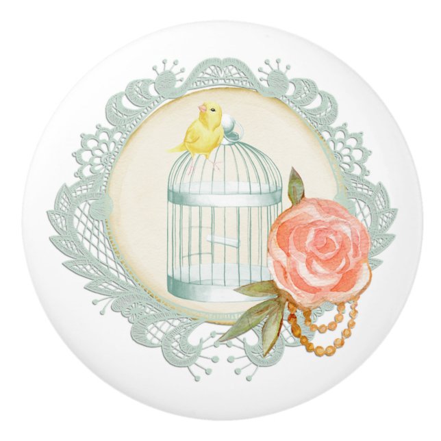 Victorian Lace Roses Gold Birdcage Canary Knobs (Front)