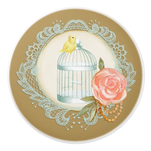 Victorian Lace Roses Gold Birdcage Canary Knobs (Front)