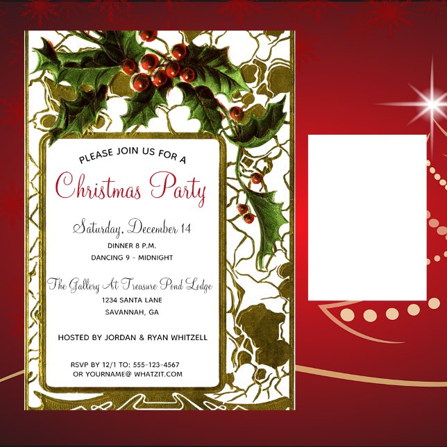 Victorian Lacy Gold Frame & Holly Christmas Party Invitation (Creator Uploaded)