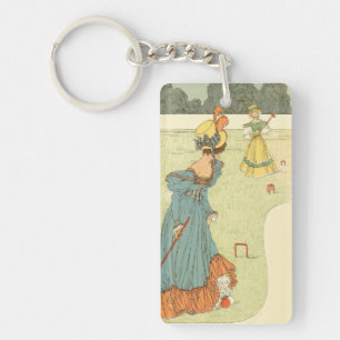 Victorian Ladies Croquet Vintage Garden Party Keychain