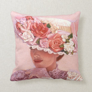 Victorian Lady Art Pillow floral vintage rose hat