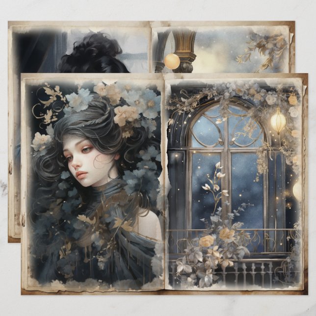 Victorian Lady Balcony Blue Junk Journal Page (Front/Back)