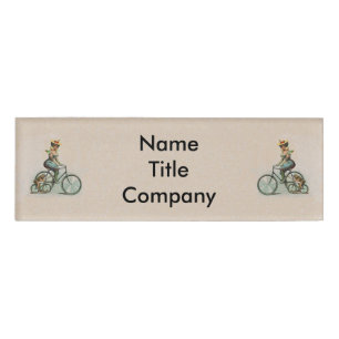 Victorian Lady Bulldog Riding Bicycles Tan Name Tag