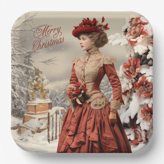 Victorian Lady Christmas  Paper Plate (Front)