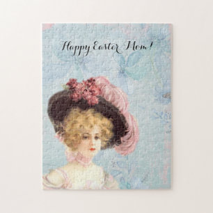 Victorian Lady in Feathered Hat Pink Roses Easter Jigsaw Puzzle