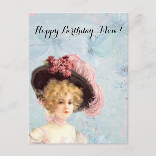 Victorian Lady in Feathered Hat with Pink Roses Postcard (Front)