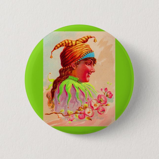 Victorian lady jester 2 inch round button (Front)