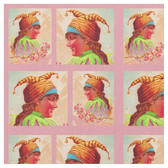 Victorian lady jester print fabric (Close Up)