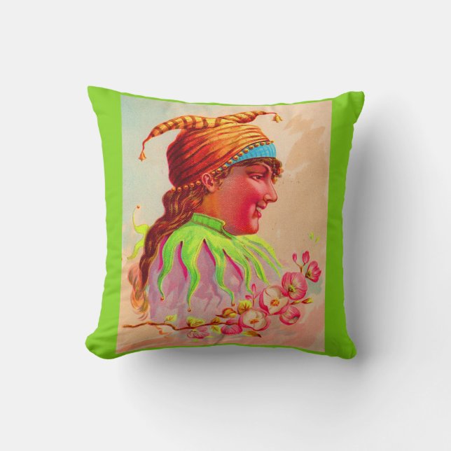 Victorian lady jester print throw pillow (Front)