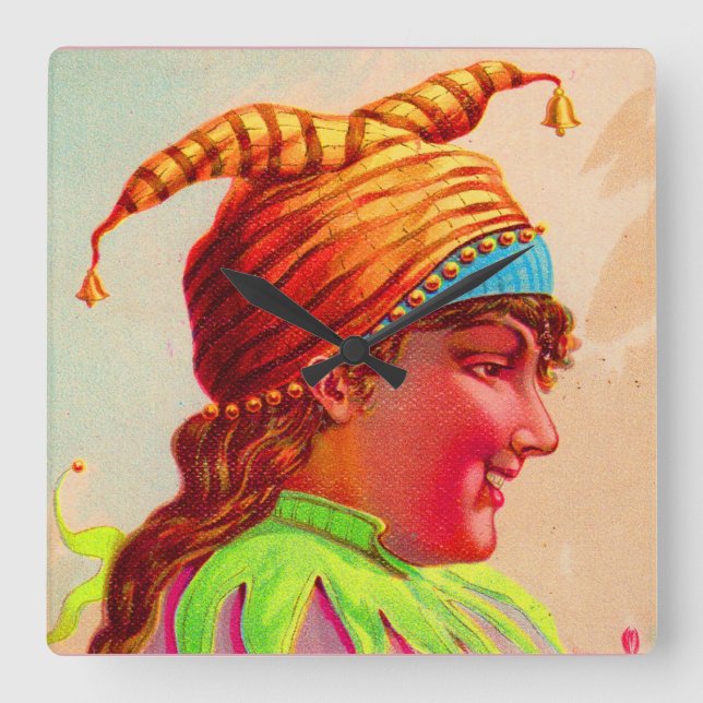 Victorian lady jester square wall clock (Front)