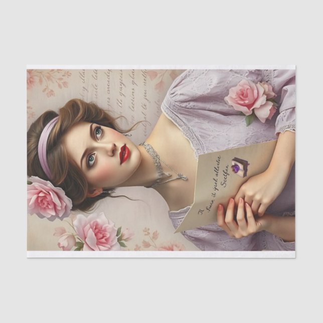  Victorian Lady Lilac Floral Script Decoupage Tissue Paper (Front)