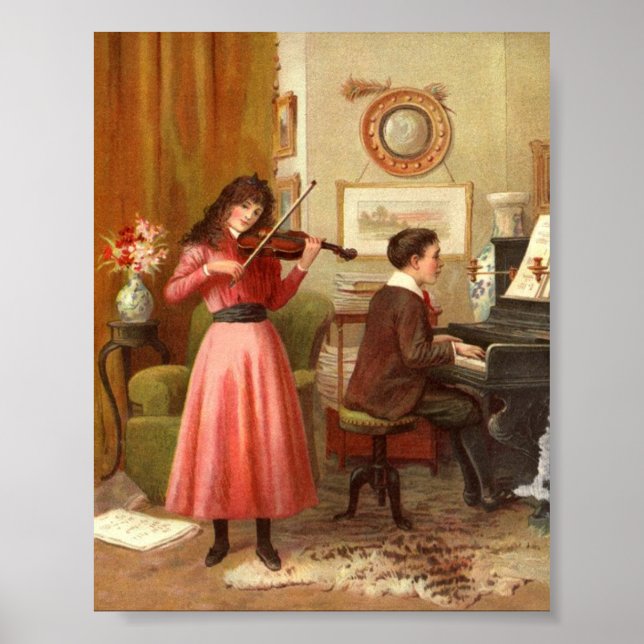 Victorian Lady Man Plays Violin Piano Art Print (Front)