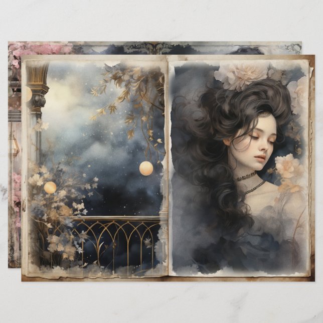 Victorian Lady Midnight Blue Junk Journal Pages (Front/Back)