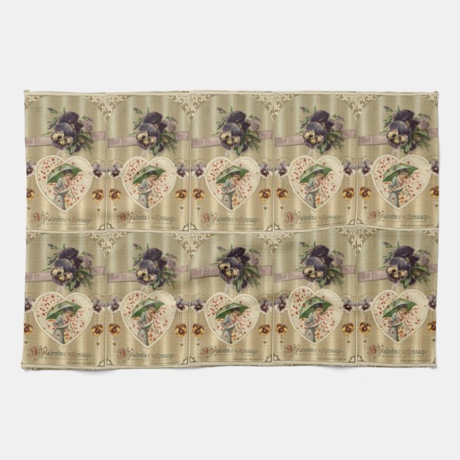 Victorian Lady Vintage Flowers Valentine Heart Kitchen Towel (Horizontal)