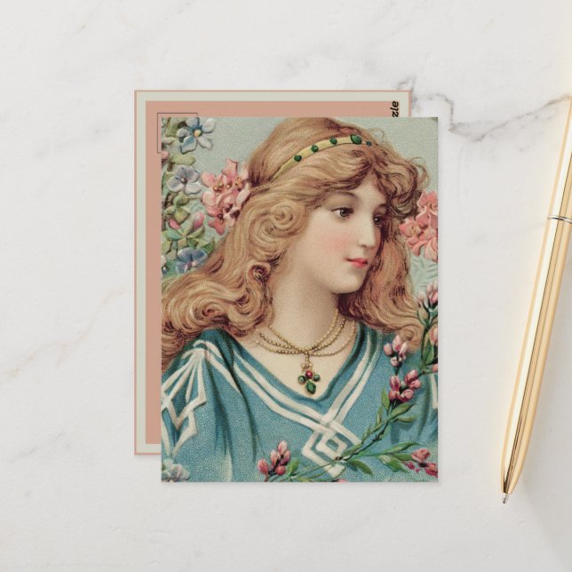 Victorian Lady w/ Pink & Blue Flowers in Her Hair Postcard (Front/Back In Situ)