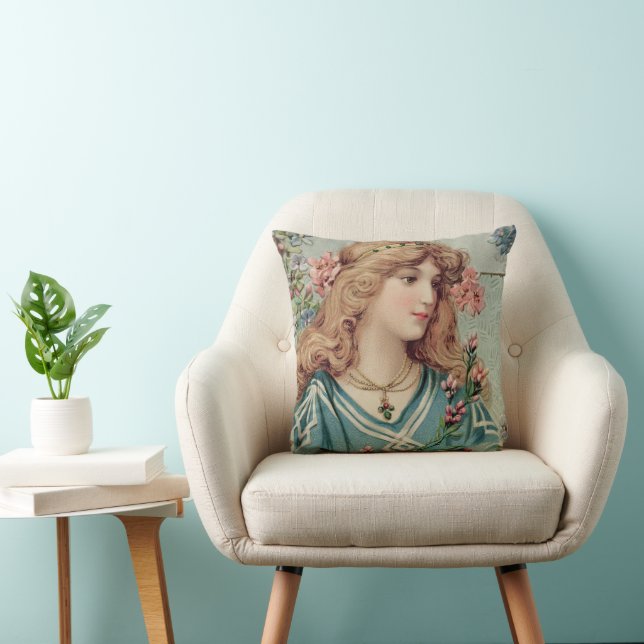 Victorian Lady w/ Pink Flowers in Her Hair Throw Pillow (Chair)