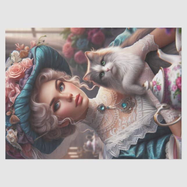 Victorian Lady with Blue Hat and Cat Tissue Paper (Front)