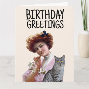 VICTORIAN LADY WITH CAT VINTAGE Greeting Card