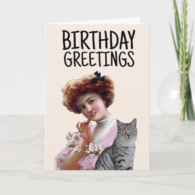 VICTORIAN LADY WITH CAT VINTAGE Greeting Card (Front)